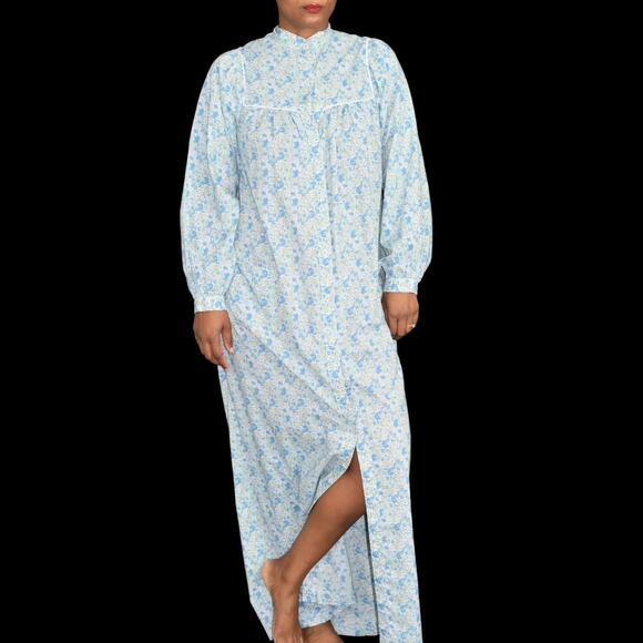 Vintage HukAPoo Gown Blue Floral Robe Prairie Country House Coat Maxi Size Small - Picture 10 of 14